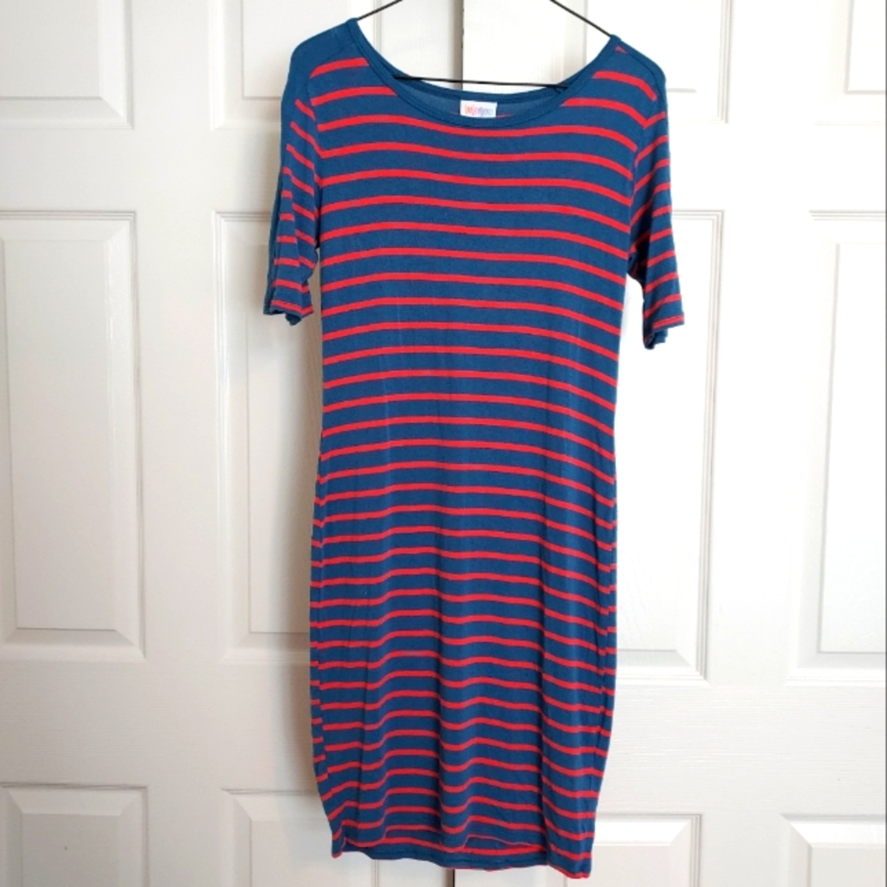 LuLaRoe Blue and Red Striped Dress 3/4 Sleeves Size Small